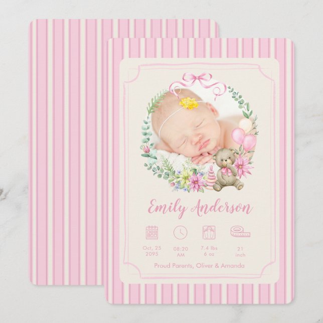 Pink Newborn Birth Photo Boy Baby Announcement (Front/Back)