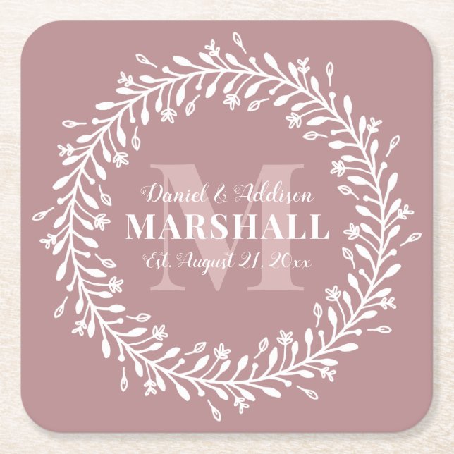Pink Newlywed Couple Wreath Monogram Name Square Square Paper Coaster (Front)