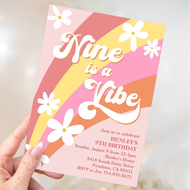 Pink Nine Is a Vibe Retro Daisy Rainbow Birthday Invitation (Creator Uploaded)