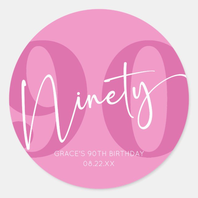 Pink Ninety 90th Ninetieth Birthday Party Favour Classic Round Sticker (Front)