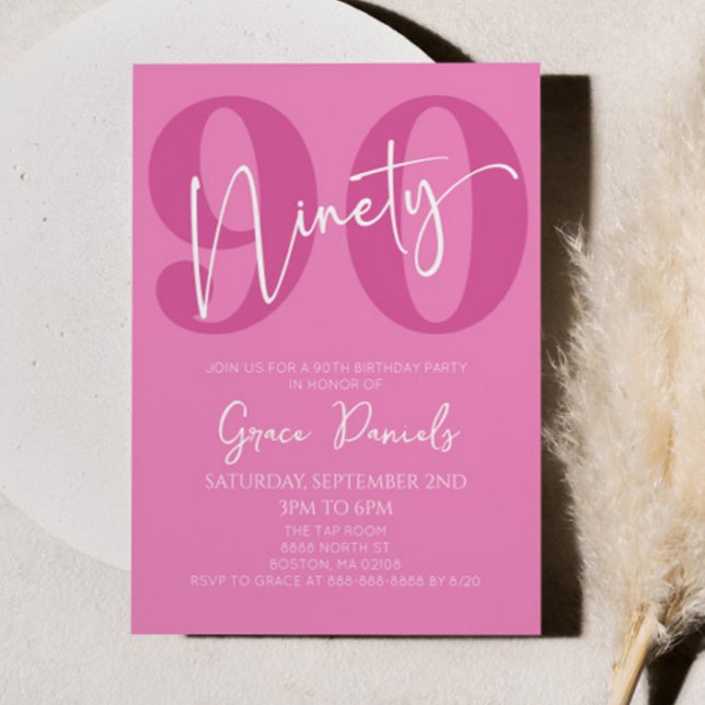 Pink Ninety 90th Ninetieth Birthday Party Invitation (Creator Uploaded)