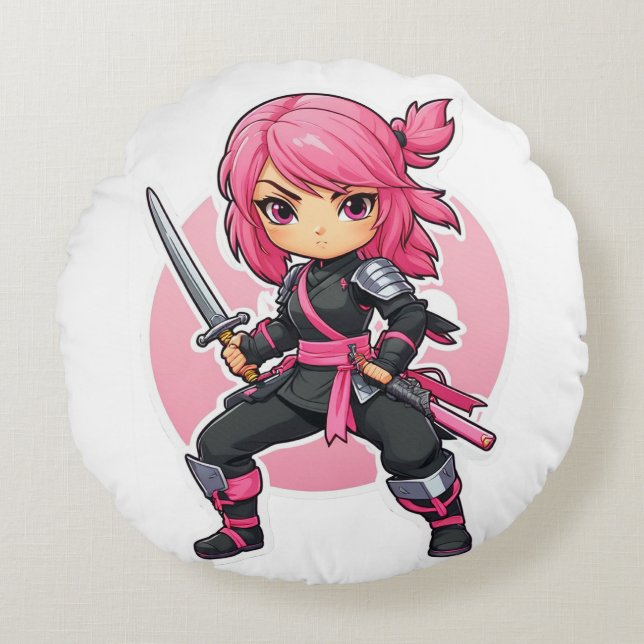 Pink Ninja Girl Round Cushion (Front)