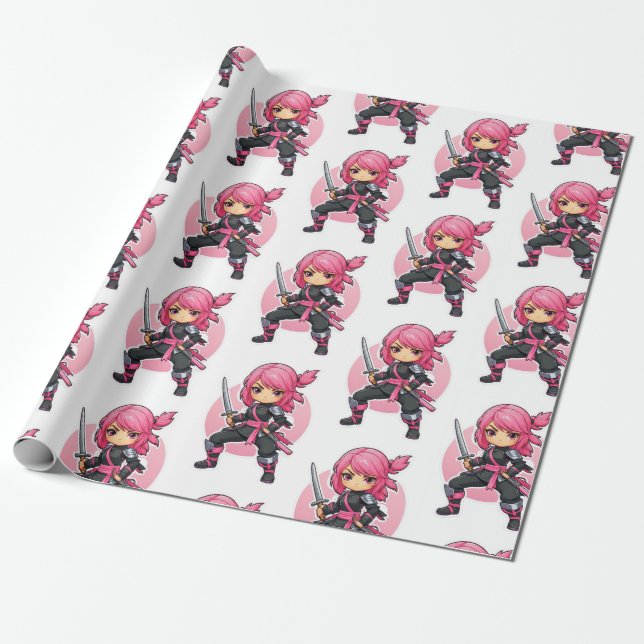 Pink Ninja Girl Wrapping Paper (Unrolled)