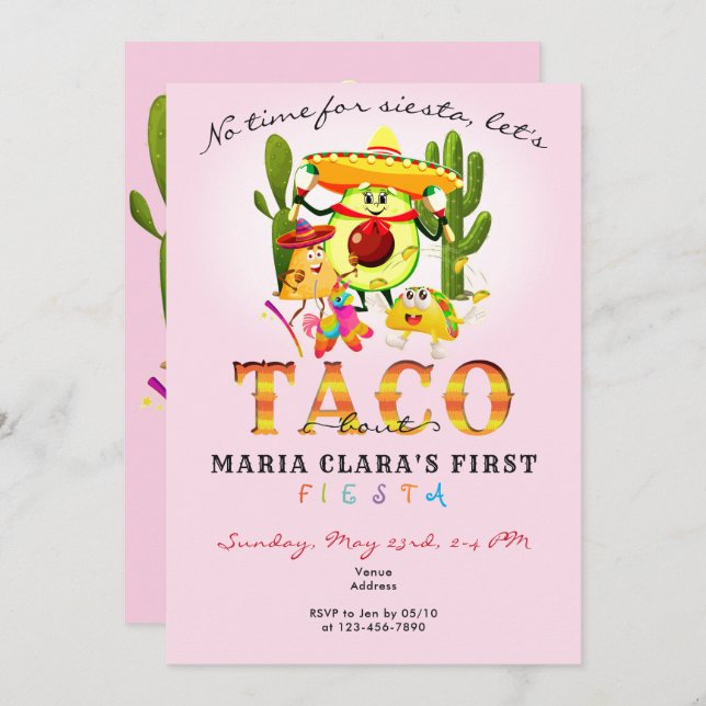 Pink No Time For Siesta First Fiesta 1st Birthday Invitation (Front/Back)