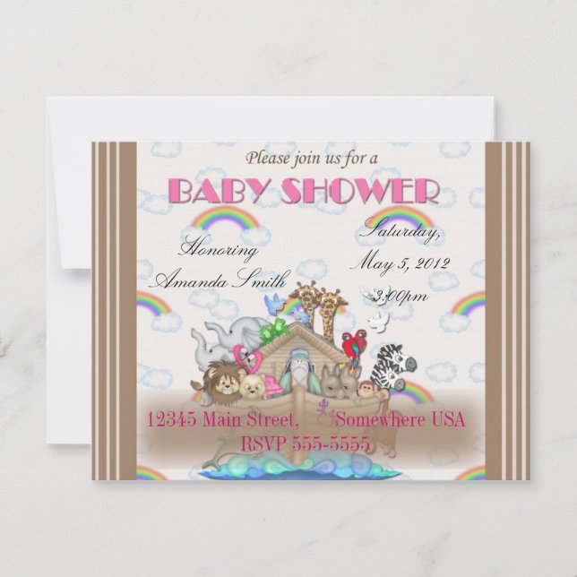 Pink Noah's Ark Baby Shower Invitation (Front)