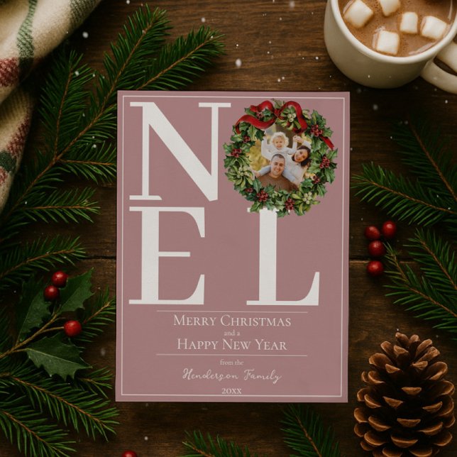 Pink Noel Christmas Wreath Photo Holiday Card (Pink Noel Christmas Wreath Photo Holiday Card)