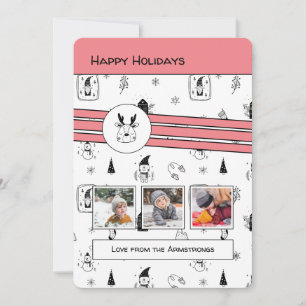 Pink Nordic Doodle Reindeer 3 Photo Christmas Holiday Card
