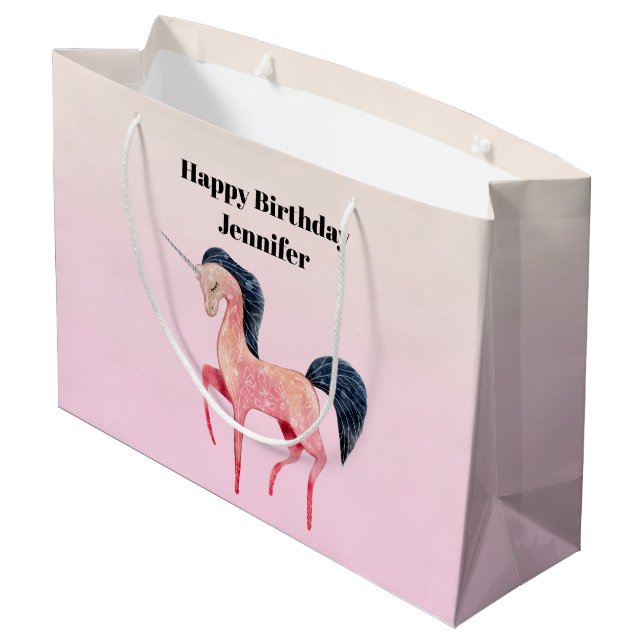 Pink Nordic Unicorn with Black Mane Birthday Large Gift Bag (Back Angled)