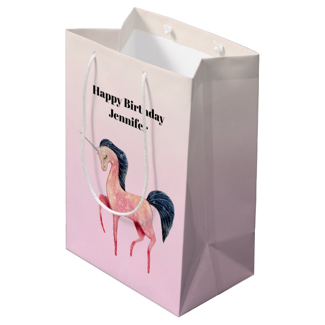 Pink Nordic Unicorn with Black Mane Birthday Medium Gift Bag (Back Angled)