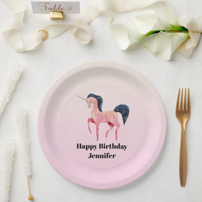 Pink Nordic Unicorn with Black Mane Birthday Paper Plate (Wedding)