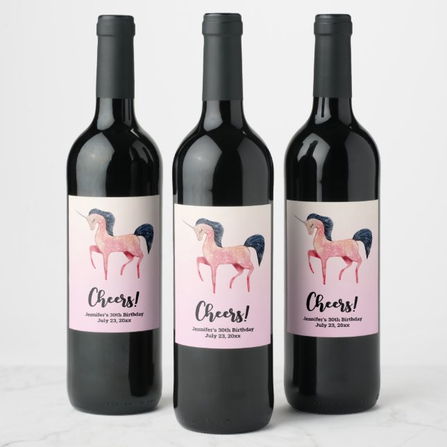 Pink Nordic Unicorn with Black Mane Birthday Wine Label (Bottles)
