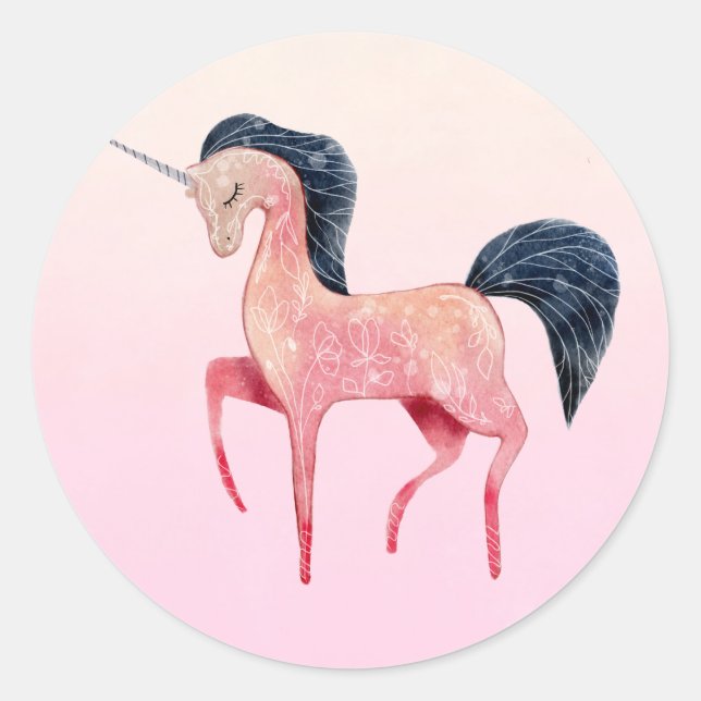 Pink Nordic Unicorn with Black Mane Classic Round Sticker (Front)