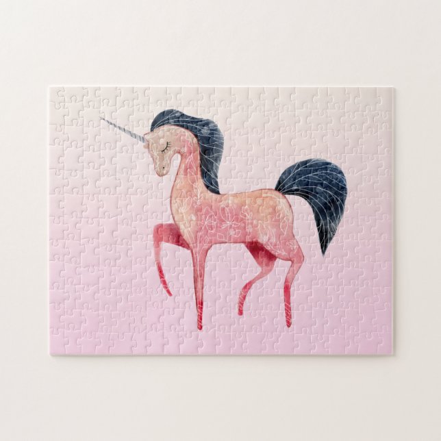 Pink Nordic Unicorn with Black Mane Jigsaw Puzzle (Horizontal)