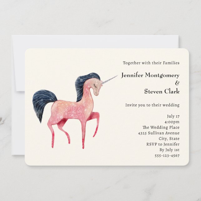 Pink Nordic Unicorn with Black Mane Wedding Invitation (Front)