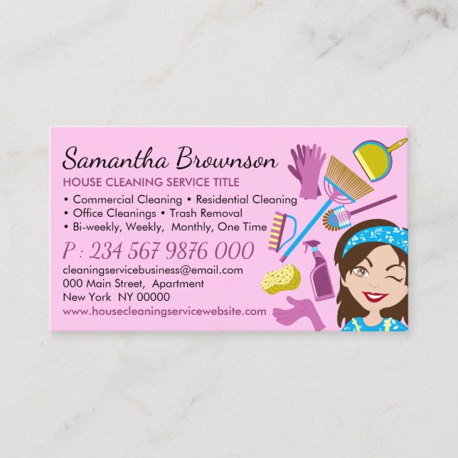 Pink Note Side Janitorial Lady Cleaning Business Card (Front)