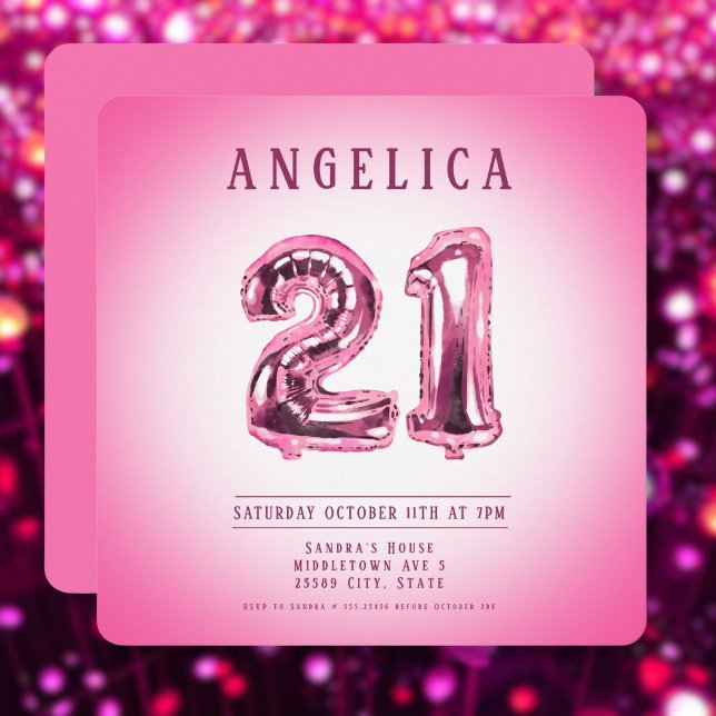 Pink Number Balloons 21st Birthday Invitation (Creator Uploaded)