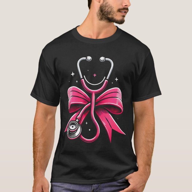 Pink Nurse Coquette Ribbon Bow Stethoscope Nursing T-Shirt (Front)