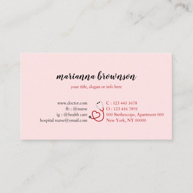 pink Nurse Doctor Hospital Business Card (Back)
