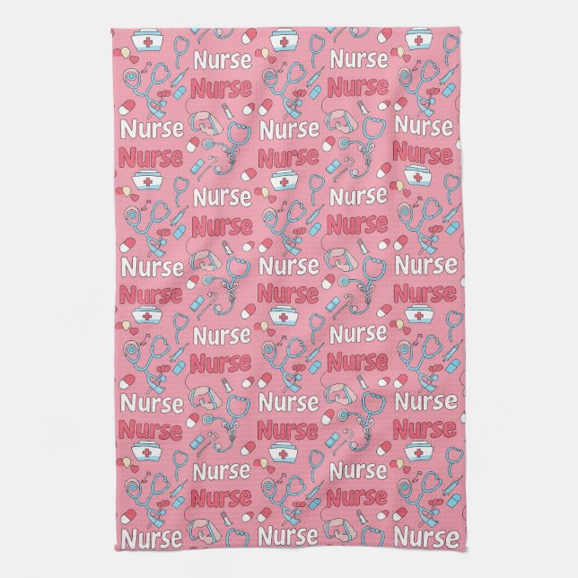 Pink Nurse Life Seamless Pattern (1) Tea Towel (Vertical)
