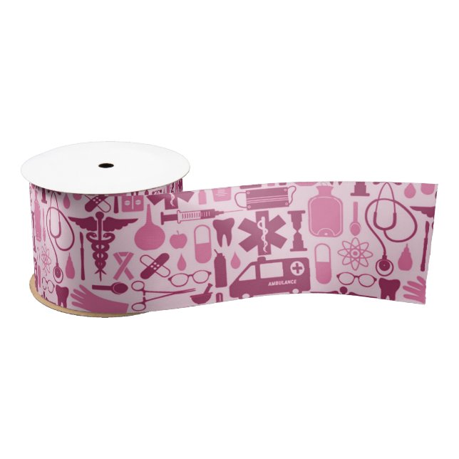 Pink Nurse Medical Theme Healthcare Pattern Satin Ribbon (Spool)