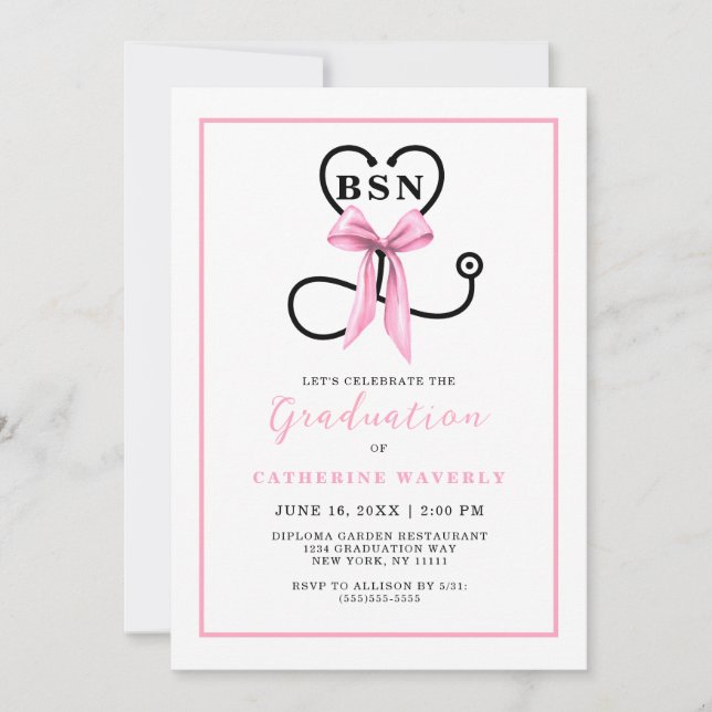 Pink Nursing School BSN Graduation Party Invitation (Front)