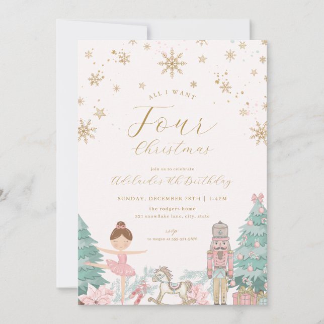 Pink Nutcracker Ballet Fourth Birthday Invitation (Front)