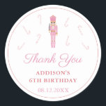 Pink Nutcracker Ballet Girl Birthday Party Favour Classic Round Sticker<br><div class="desc">Thank you stickers for any event (shown here for a birthday party but all of the text fields are customisable) in a pink and red colorway. The design features my pastel pink Nutcracker Ballet wooden soldier and candy canes illustrations,  originally painted in watercolor,  before being scanned into digital form..</div>