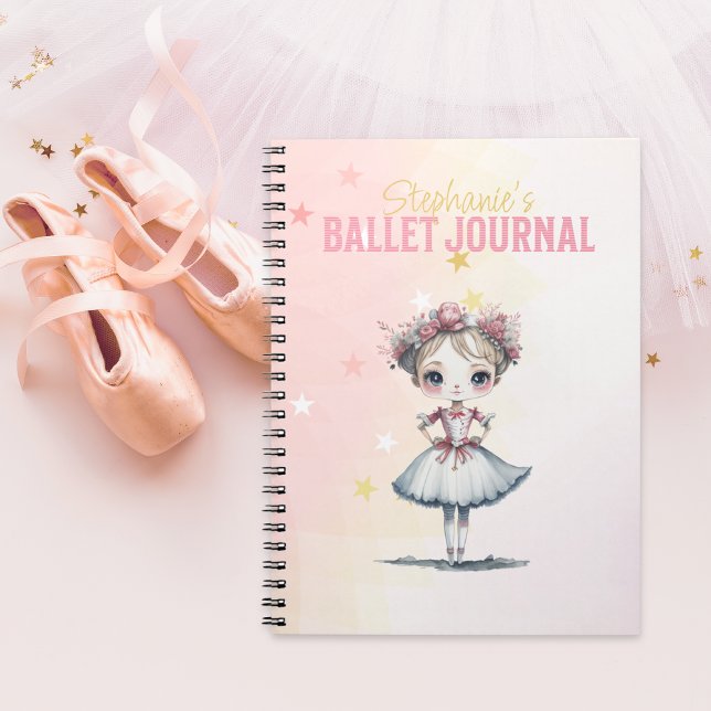 Pink Nutcracker Ballet Journal for a Girl (Pink personalisable Ballet Journal notebook beside ballet slippers and tutu. Nutcracker Suite theme.)