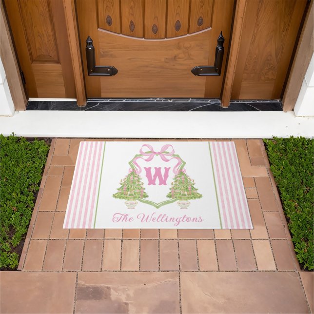 Pink Nutcracker Christmas Tree Monogram Crest Doormat (Outdoor)