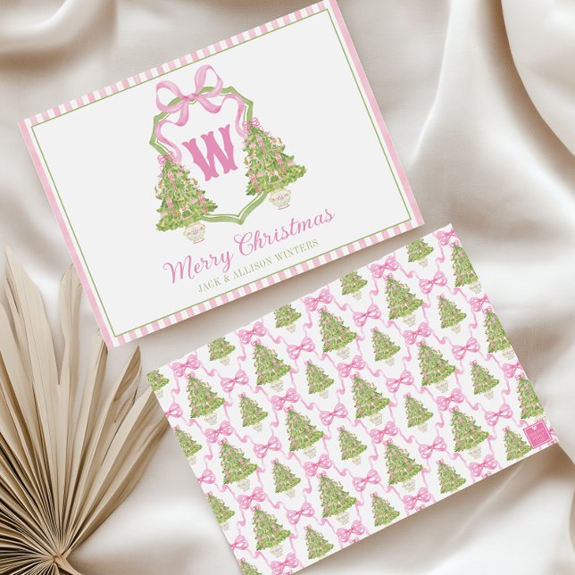 Pink Nutcracker Christmas Tree Monogram Crest Holiday Card (Creator Uploaded)