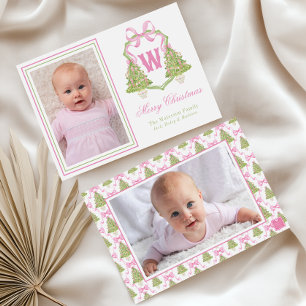 Pink Nutcracker Christmas Tree Monogram Crest Holiday Card