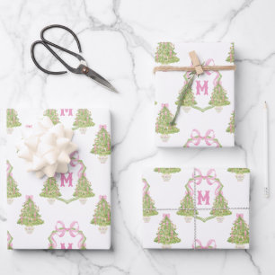 Pink Nutcracker Christmas Tree Monogram Crest Wrapping Paper Sheet