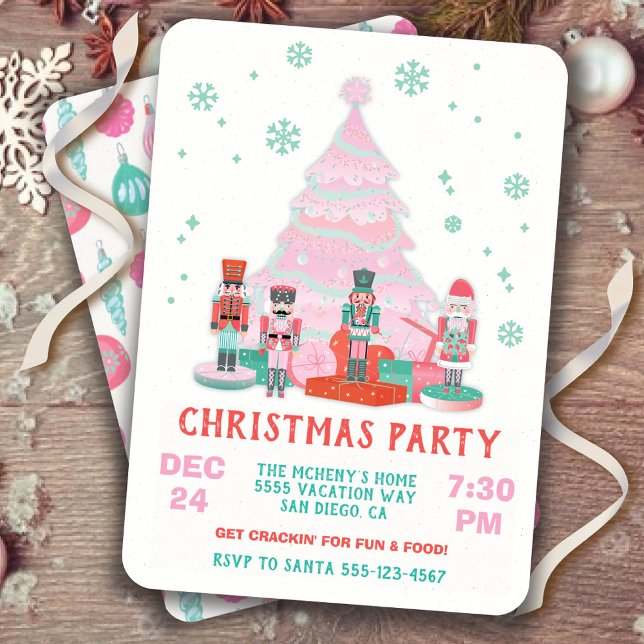 Pink Nutcracker Christmas Tree Ornaments Party Invitation (Creator Uploaded)