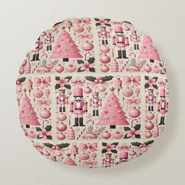 Pink Nutcracker Christmas Tree  Round Cushion (Front)