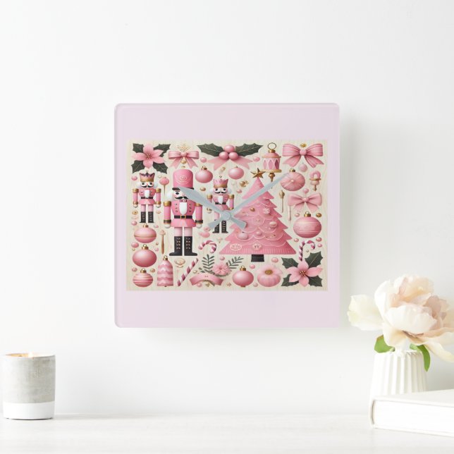 Pink Nutcracker Christmas Tree  Square Wall Clock (Home)