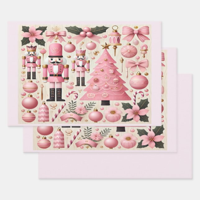 Pink Nutcracker Christmas Tree  Wrapping Paper Sheet (Set)