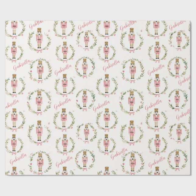 Pink Nutcracker Christmas Wreath Personalised Wrapping Paper (Flat)