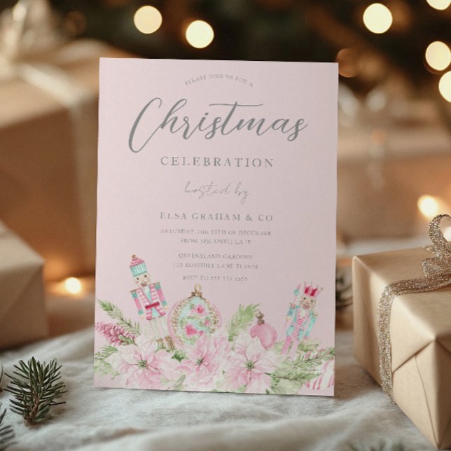 Pink Nutcracker Floral Christmas Party Invitation (Creator Uploaded)