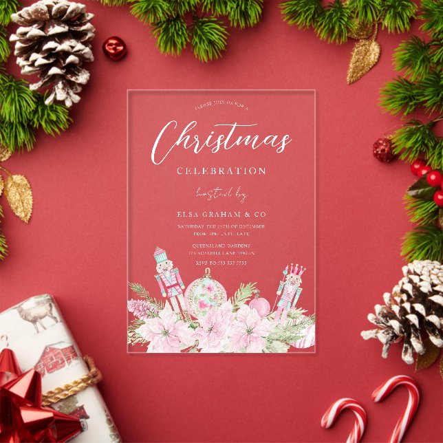 Pink Nutcracker Floral Office Christmas Party Acrylic Invitations (Insitu (Holiday))