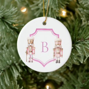 Pink Nutcracker Monogrammed Crest Christmas Ceramic Tree Decoration