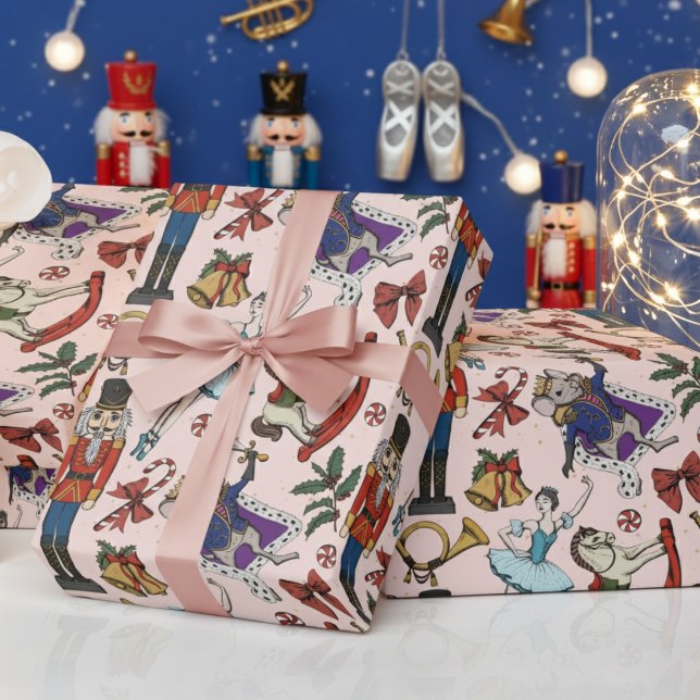 Pink Nutcracker Mouse King Ballerina Christmas Wrapping Paper (Modern & Festive Hand Drawn Nutcracker Gift Wrap for Kids. Winter Nutcracker Ballet Pattern for Xmas)
