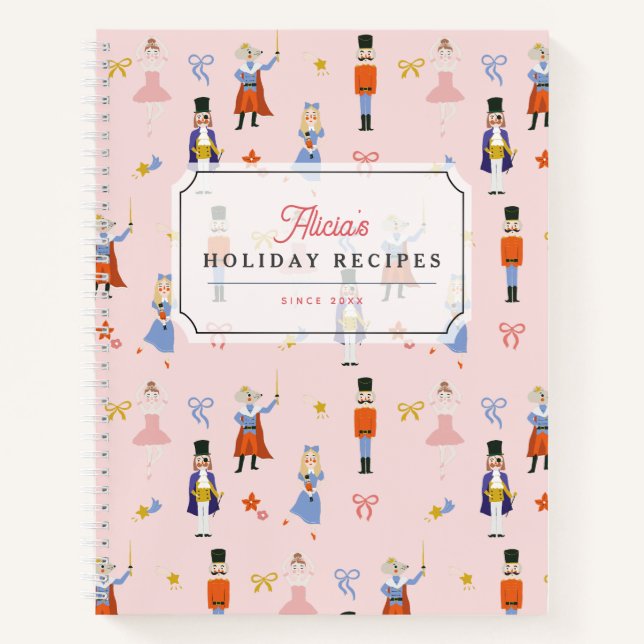 Pink Nutcracker Pattern Holiday Recipe Notebook (Front)