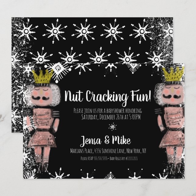 Pink Nutcracker Snowy Script Baby Shower Invitation (Front/Back)