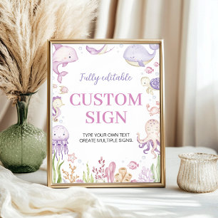 Pink Ocean Animals Girl Party Custom Table Sign