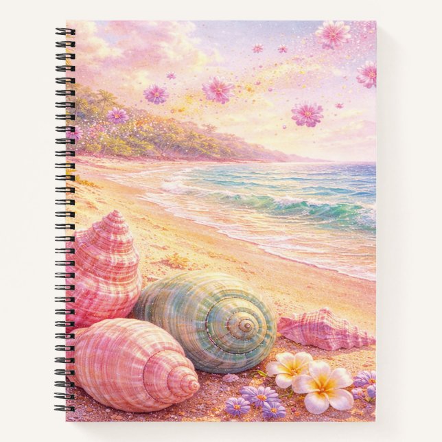 Pink Ocean Beach Shells Flowers Fantasy Landscape Notebook (Front)