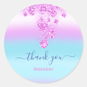 Pink Ocean Blue Thank Name Bridal Sweet16th Floral Classic Round Sticker