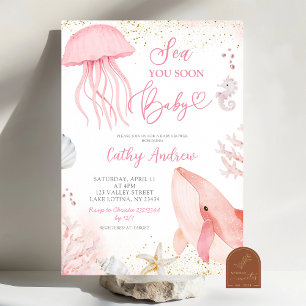 Pink Ocean Sea You Soon Girl Baby Shower Invitation