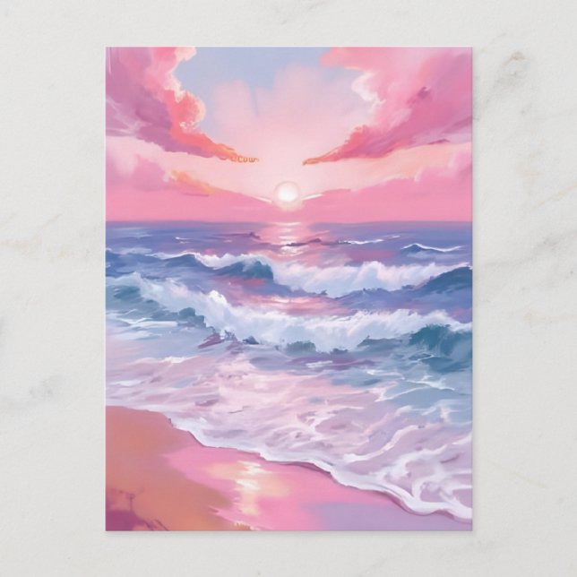 Pink Ocean Shore Beach Painting Postcard (Front)