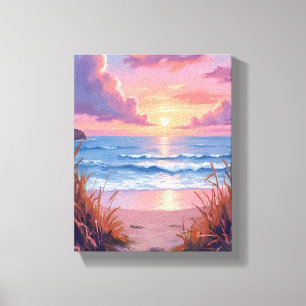 Pink Ocean Sunset Beach Watercolor Painting Canvas Print