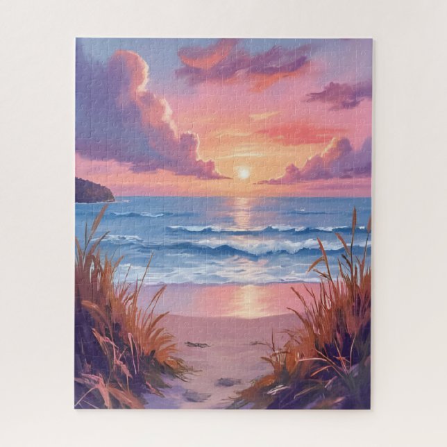 Pink Ocean Sunset Beach Watercolor Painting Jigsaw Puzzle (Vertical)